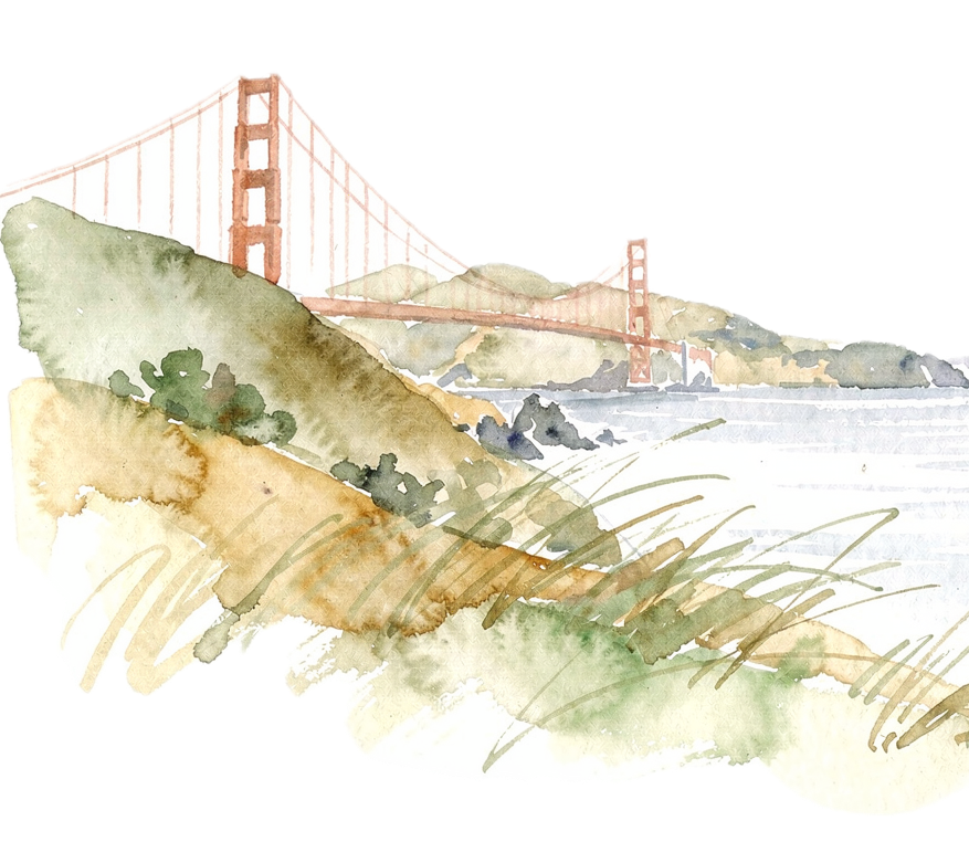 Watercolor of the Golden Gate Bridge from the Presidio